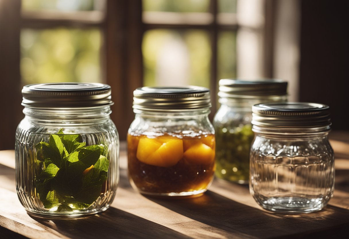 Glass jam jars with metal lids arranged on a rustic wooden table. Sunlight streaming through a nearby window, casting a warm glow on the jars