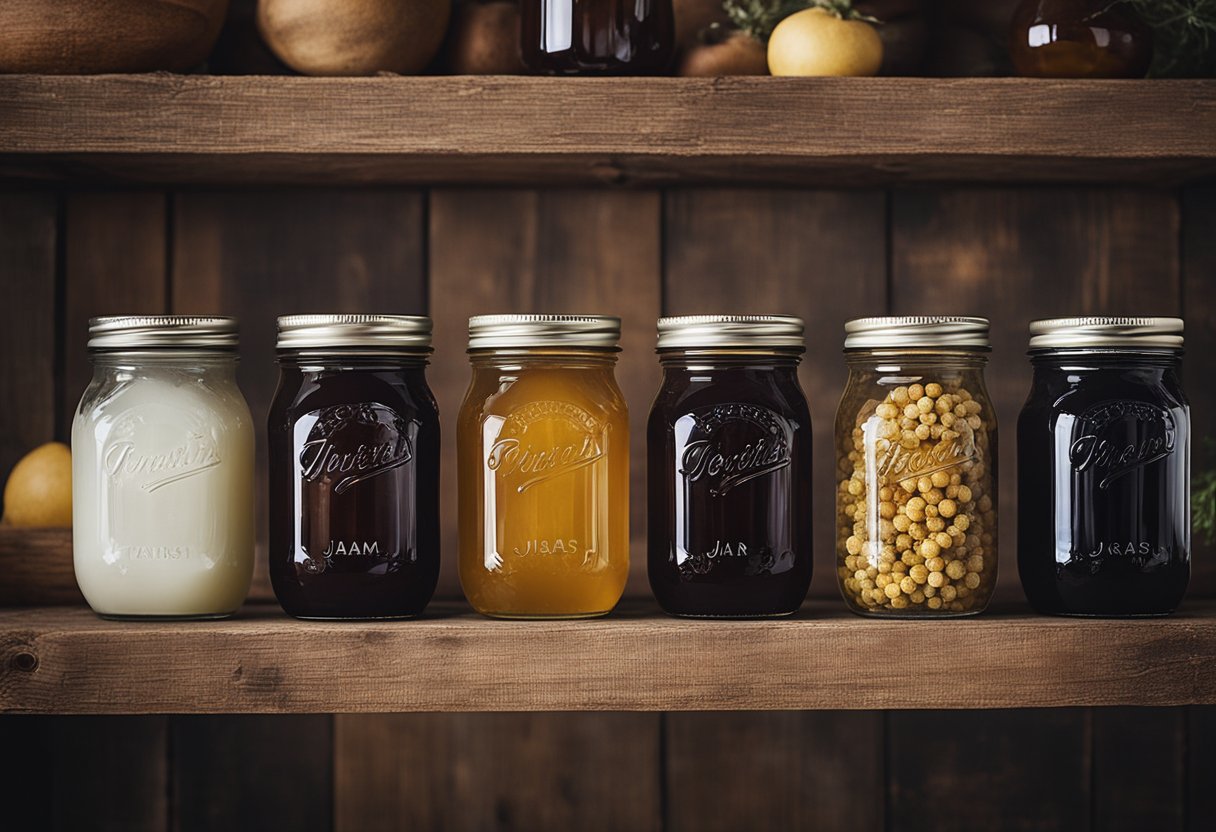 Glass jam jars with lids lined up on a rustic wooden shelf, showcasing the evolution of glass jar designs throughout history