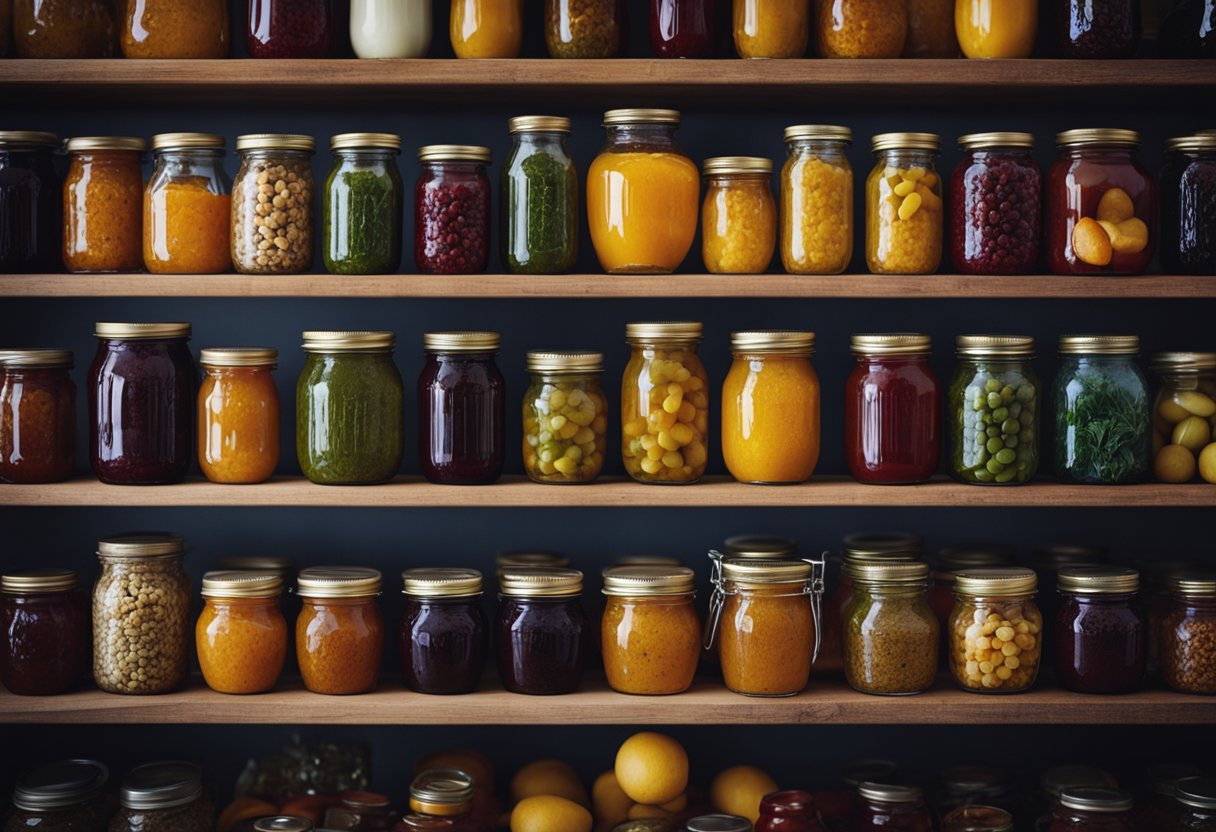 Glass jam jars with metal lids arranged on a wooden shelf. Various shapes and sizes, some empty, some filled with colorful jams and preserves