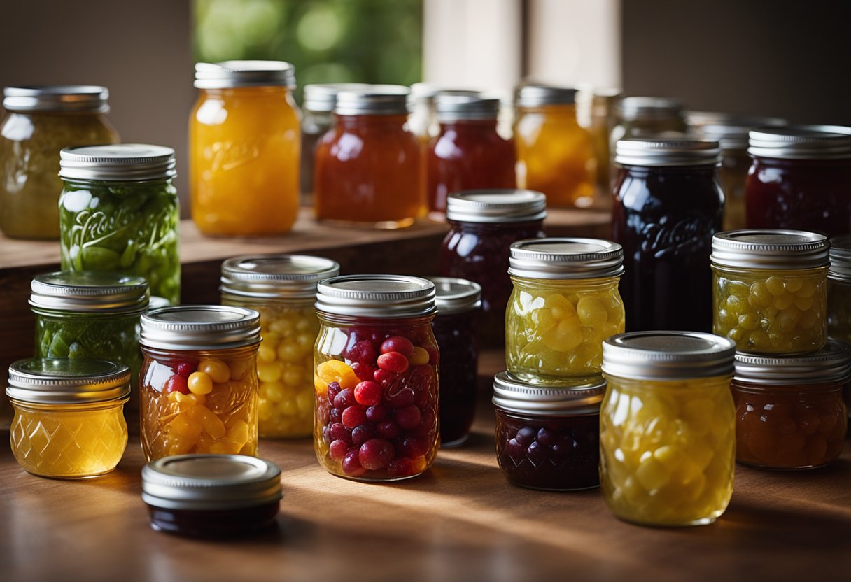 Glass jam jars with various lid designs arranged on a wooden table. Bright natural light highlights the different shapes and colors of the lids