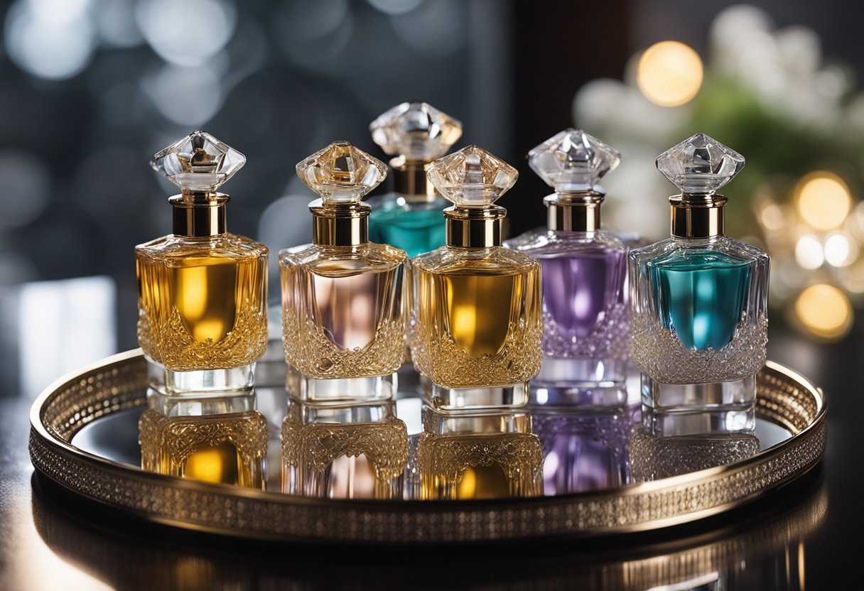 Several glass perfume bottles arranged on a mirrored tray, catching the light and reflecting their colorful contents