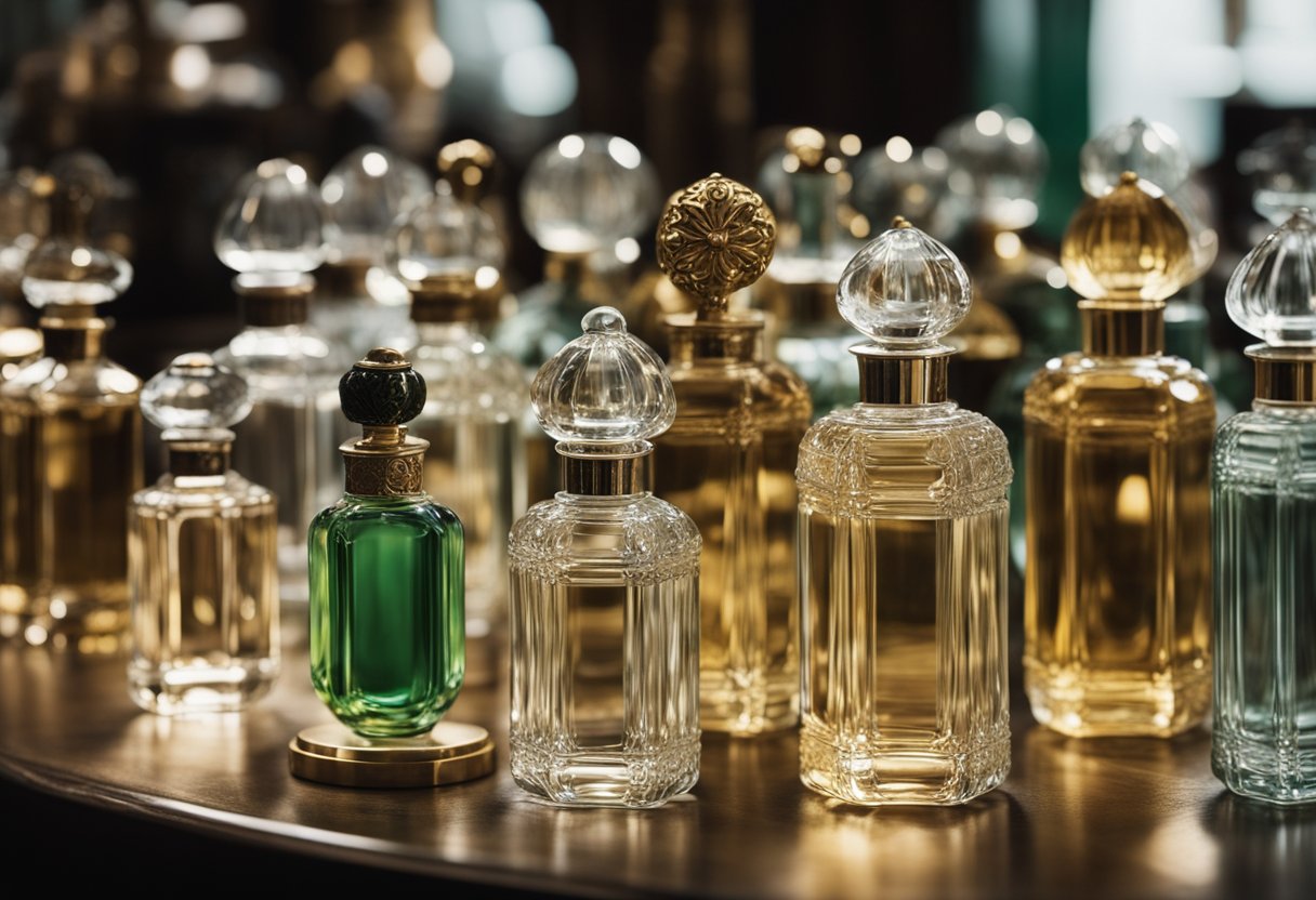 A table displays a collection of glass perfume bottles from different time periods
