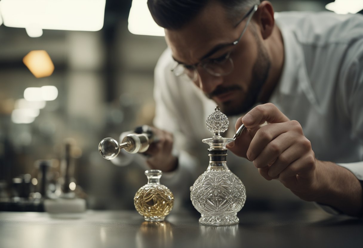 A glassblower carefully shapes a delicate perfume bottle with intricate details and precision. The craftsmanship is evident in the smooth curves and elegant design