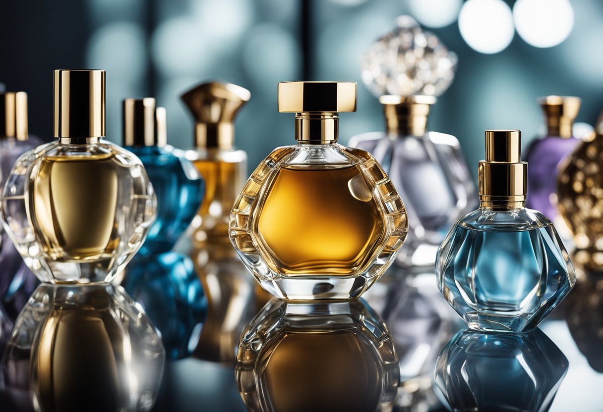 Various glass perfume bottles in different shapes and sizes arranged on a sleek, reflective surface with soft lighting highlighting their intricate designs