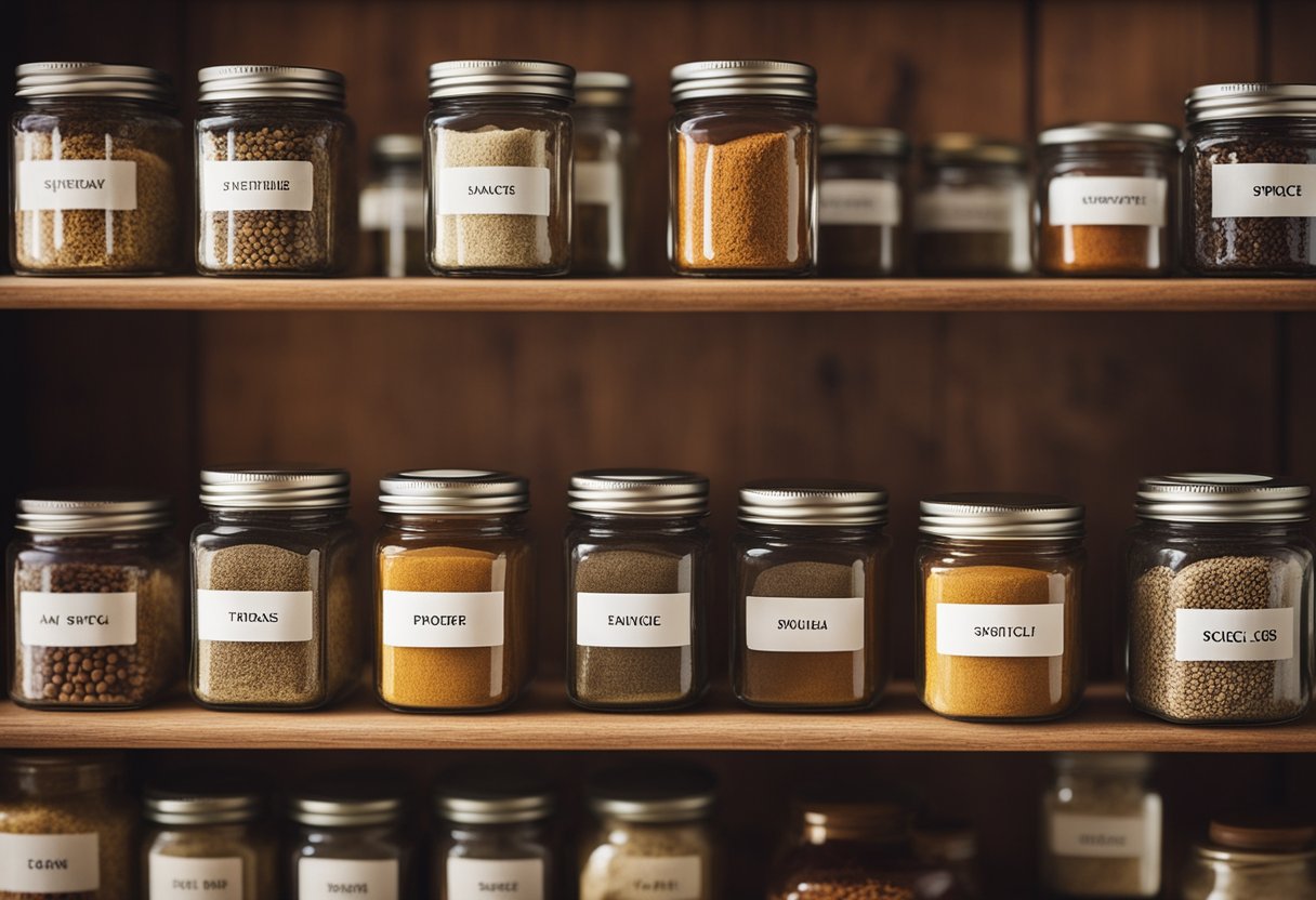 Glass spice jars arranged on a wooden shelf, each labeled with a different spice. Sunlight streams in, casting shadows on the jars