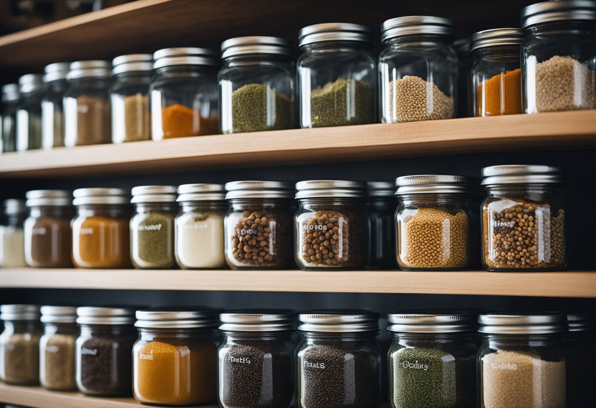 Glass spice jars arranged neatly on a kitchen shelf, catching the light and showcasing their contents. Labels are clear and easy to read, emphasizing the organization and convenience they bring to cooking