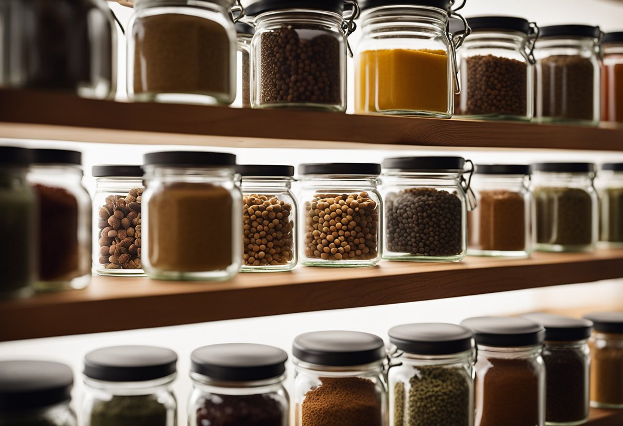 Glass spice jars arranged on a wooden spice rack, with various spices inside each jar. Light shines through the clear glass, casting shadows on the surface below