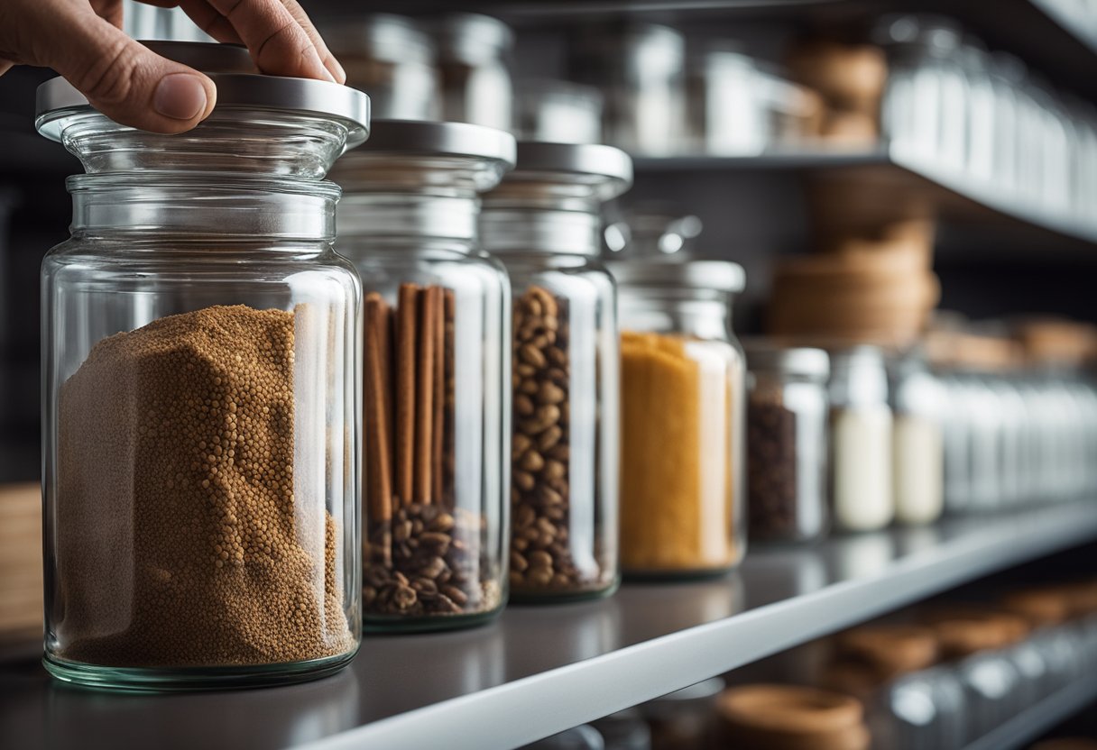 A hand reaches for a round glass spice jar, comparing sizes and shapes on a shelf