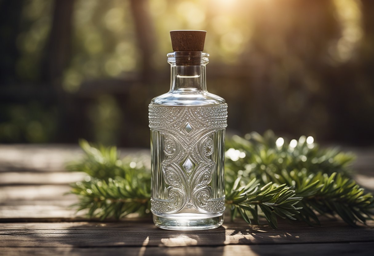 A glass spirit bottle sits on a weathered wooden table, catching the light with its intricate design and shimmering contents