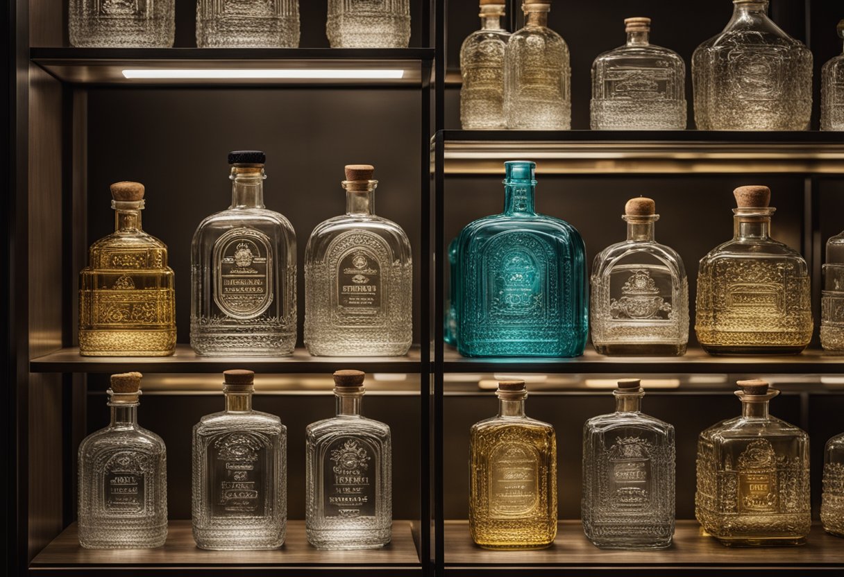 A row of glass spirit bottles line the shelves, each one unique in shape and size, reflecting the history and craftsmanship of the spirits within