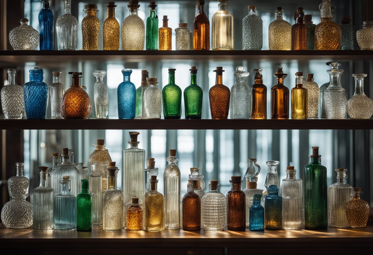 Various glass spirit bottles arranged on a wooden shelf, reflecting light and casting shadows