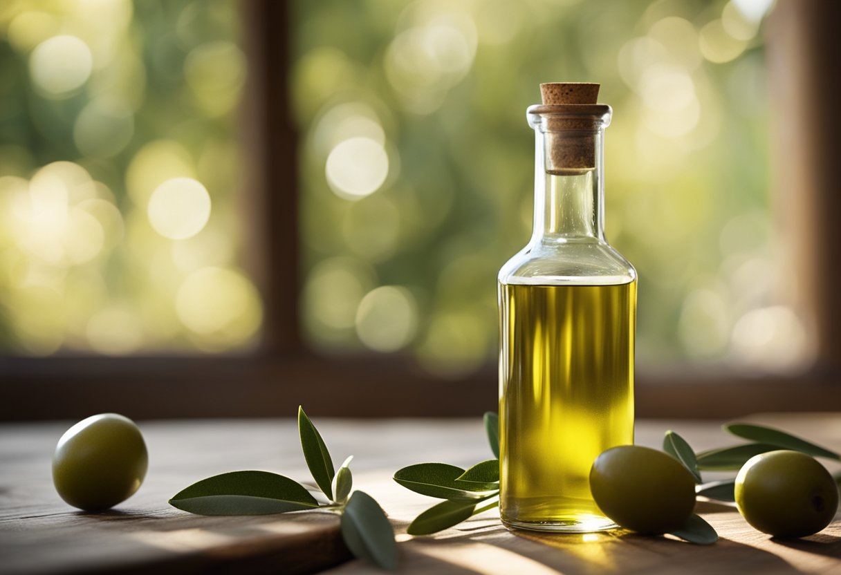 A green olive oil bottle sits on a rustic wooden table, with sunlight streaming through a nearby window, casting a warm glow on the bottle