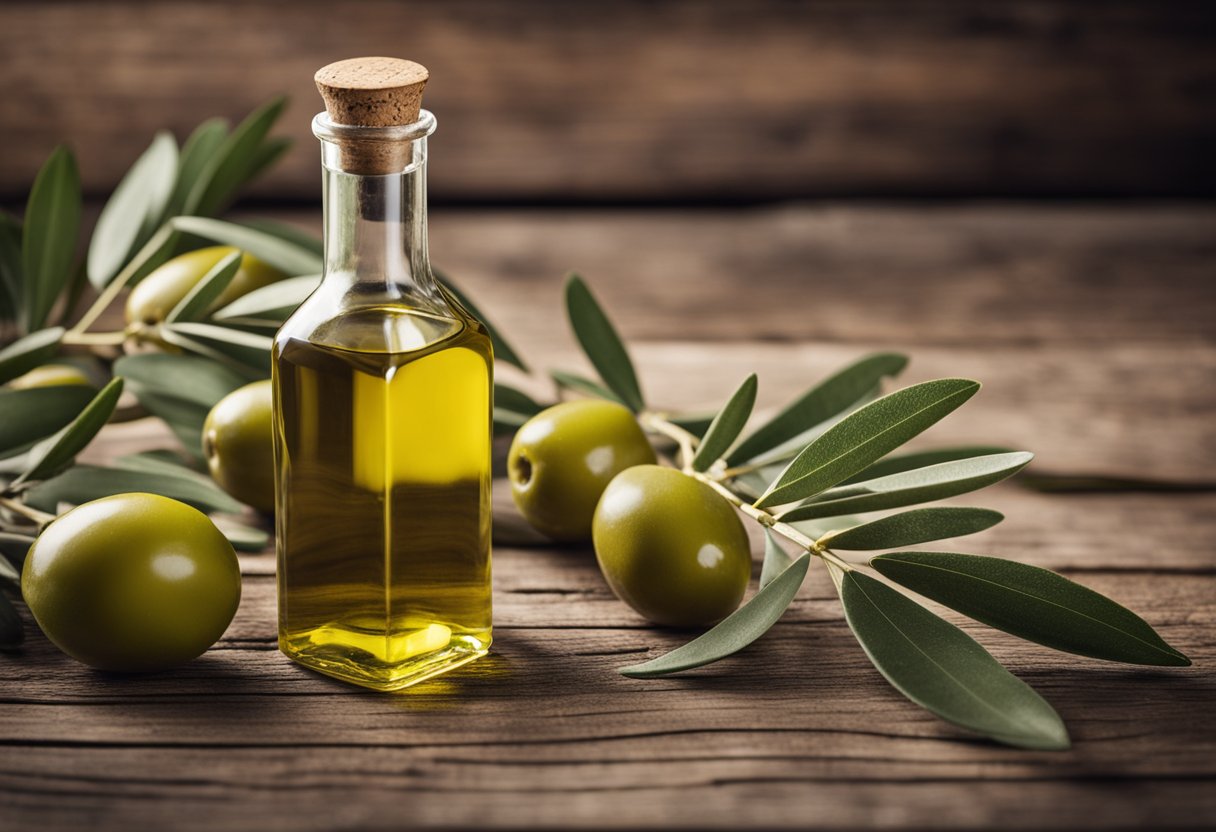 A green olive oil bottle sits on a rustic wooden table, surrounded by fresh olives and olive branches. The label on the bottle depicts the history of olive oil packaging