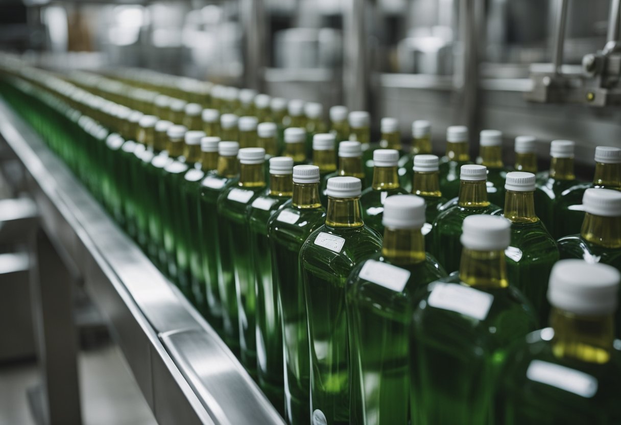 A conveyor belt moves green glass bottles to be filled with olive oil, while machinery seals and labels the bottles