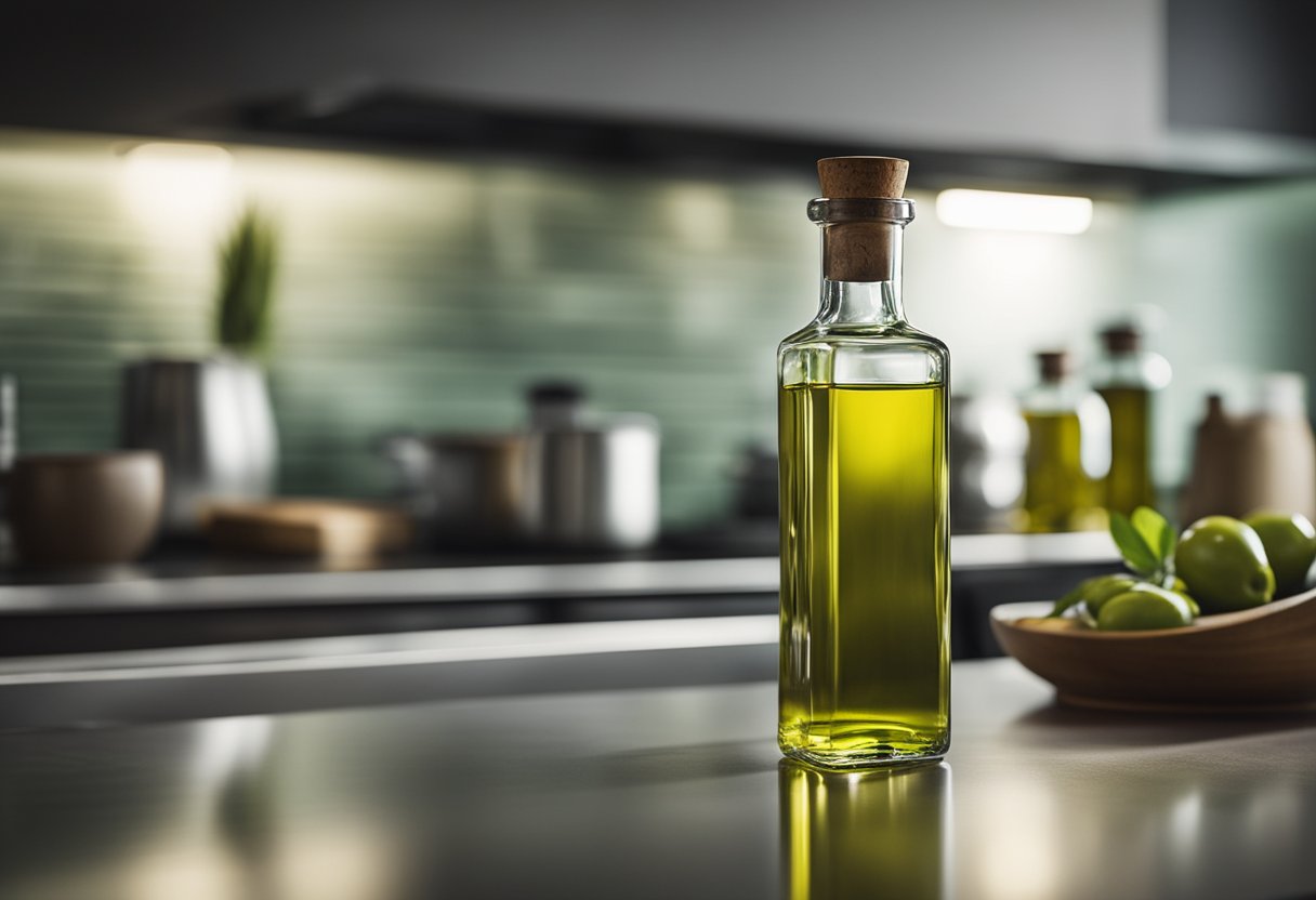 A green olive oil bottle stands out on a kitchen countertop, catching the light and drawing attention to its importance