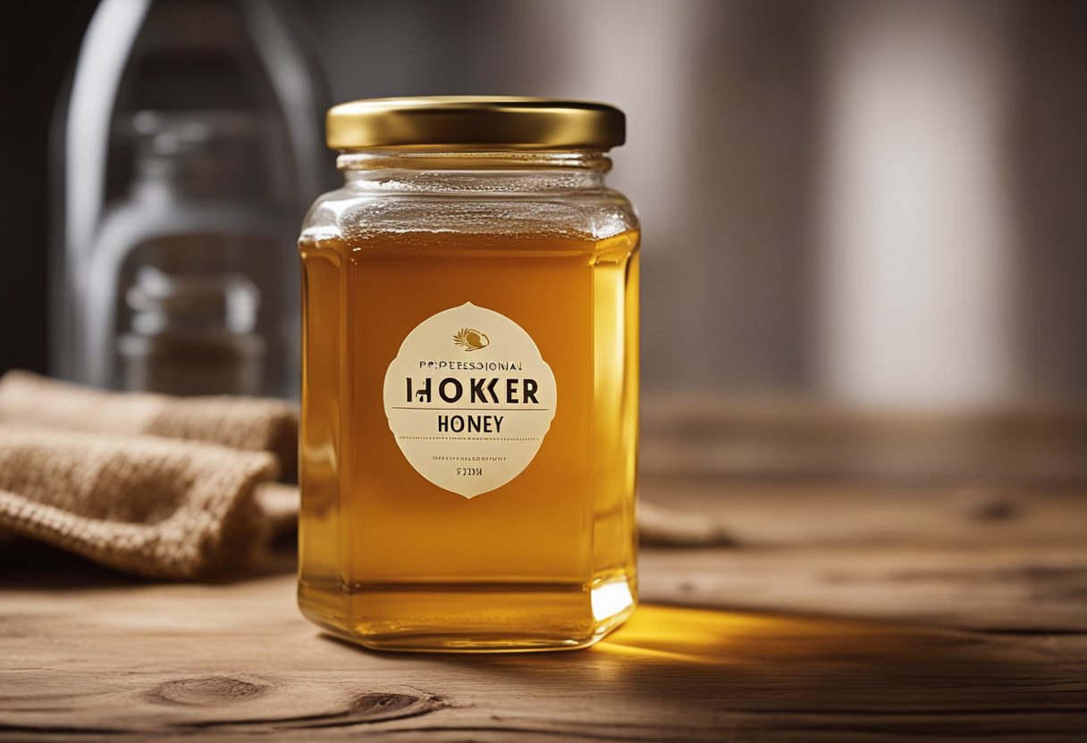 A glass bottle of honey sits on a rustic wooden table, with golden liquid visible through the clear glass. The label bears a simple, elegant design