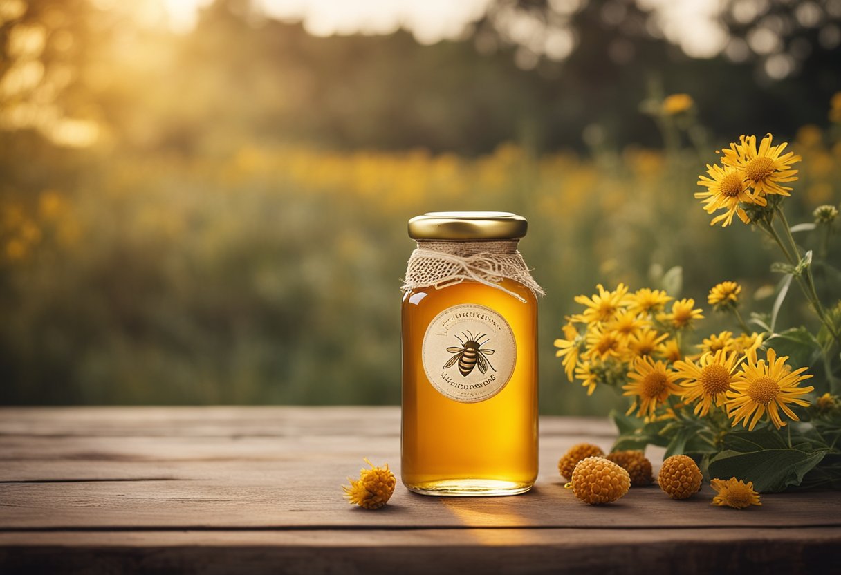 A glass bottle of honey sits on a rustic wooden table, surrounded by honeycomb and wildflowers. A vintage label adorns the bottle, showcasing the history of honey packaging