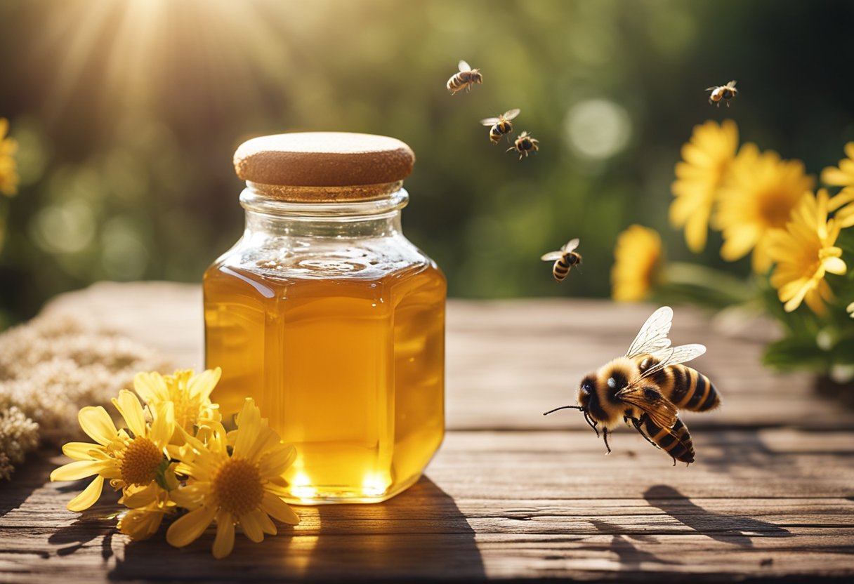 A honey glass bottle sits on a rustic wooden table, glistening in the sunlight. Bees buzz around nearby flowers, highlighting the natural and pure qualities of the honey