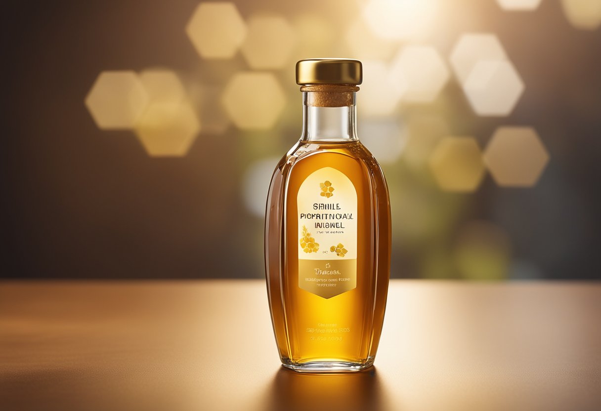 A honey glass bottle with a sleek, cylindrical shape and a golden, honey-colored liquid inside, adorned with a simple, elegant label featuring a honeycomb design