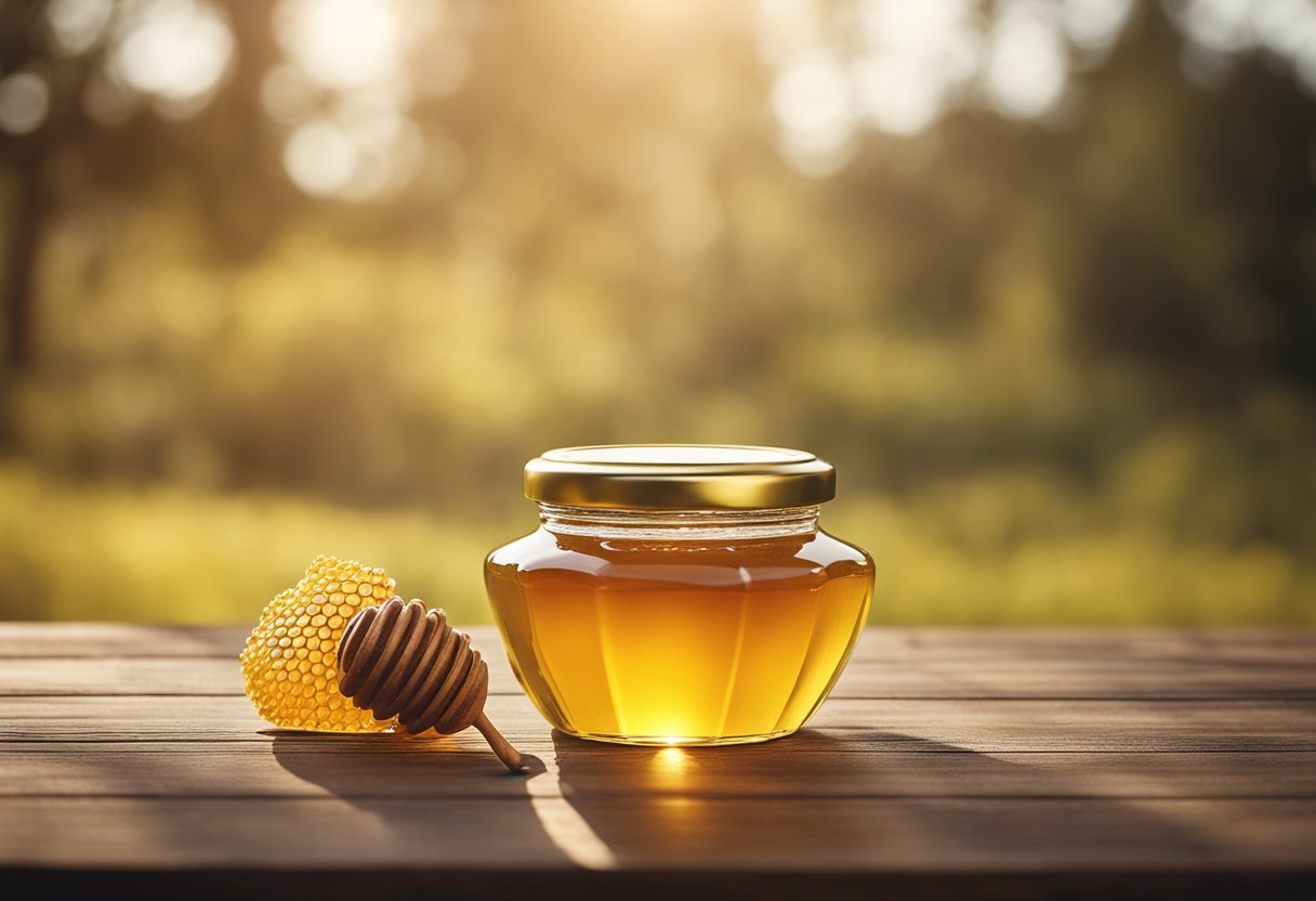 A glass jar of honey sits on a wooden table, with a golden liquid inside and a metal lid on top
