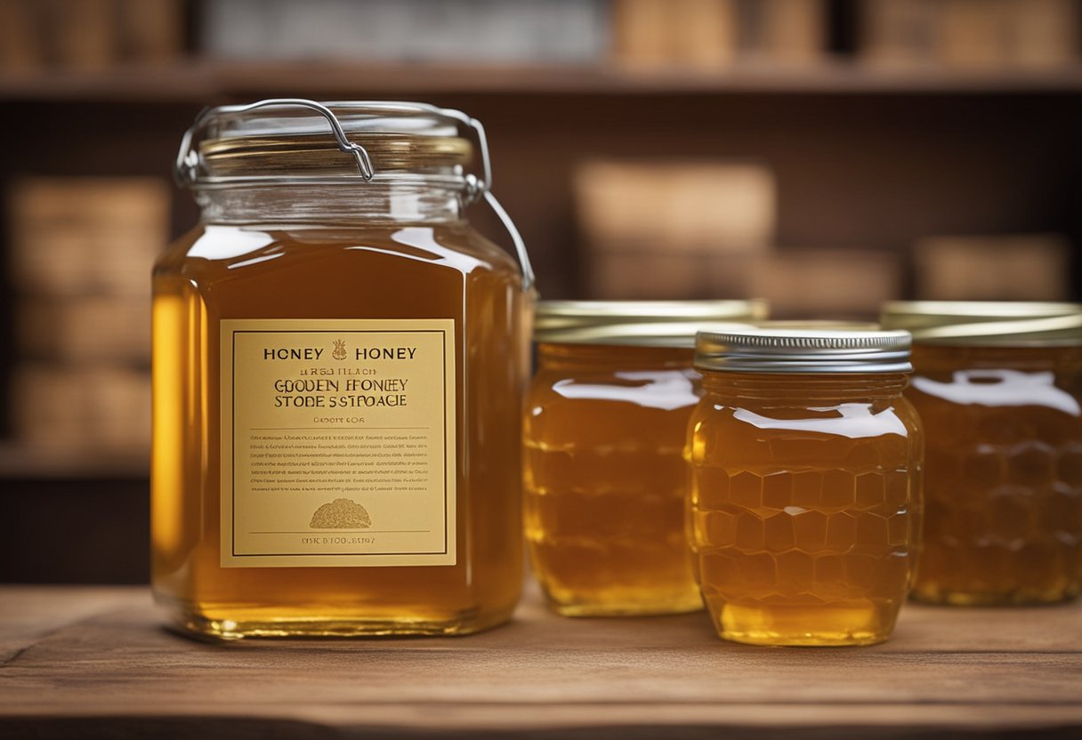 A glass jar filled with golden honey sits on a wooden shelf, surrounded by historical artifacts. The label reads "History of Honey Storage."