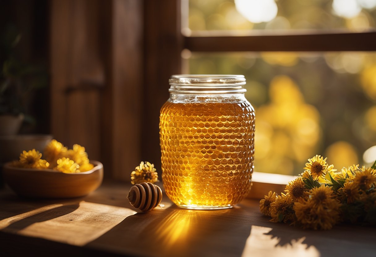A glass jar filled with golden honey sits on a wooden table, sunlight streaming through the window, highlighting the rich color and natural texture of the honey