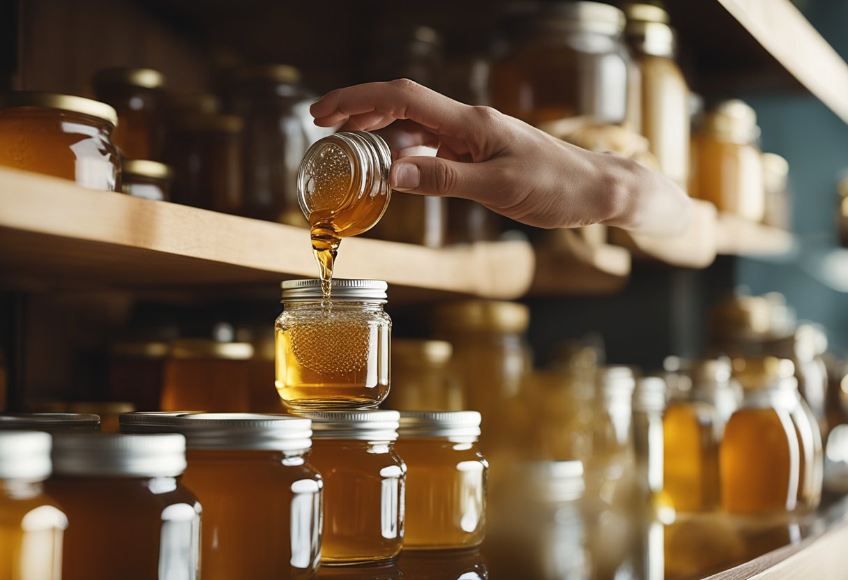A hand reaches for a honey glass jar on a shelf, surrounded by various sizes and shapes of jars