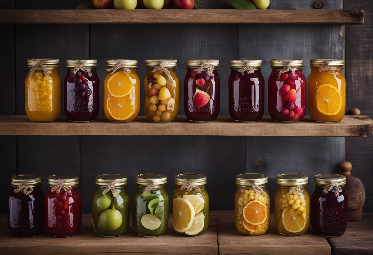 Several jam jars lined up on a rustic wooden shelf, each filled with vibrant fruits and sealed with patterned fabric lids