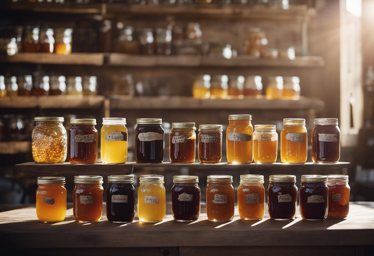 A shelf filled with vintage jam jars, each labeled with different flavors and dates. Some jars are dusty, while others gleam in the sunlight