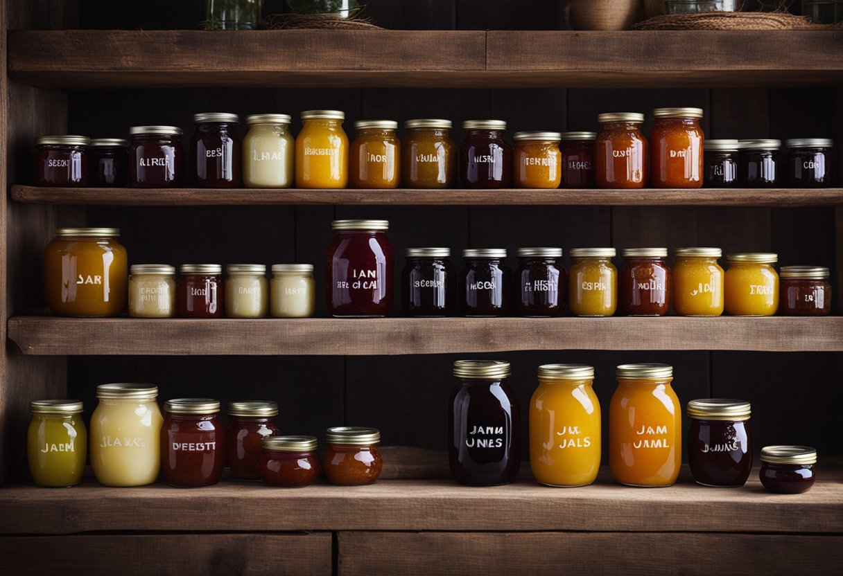 Various jam jars lined up on a rustic wooden shelf, each with different colored labels and filled with assorted jams and preserves