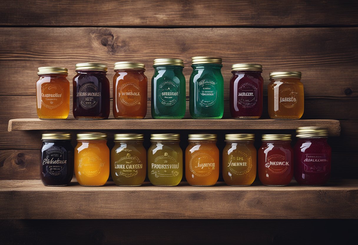 A collection of jam jars arranged on a rustic wooden shelf, each one adorned with a unique and colorful label, showcasing the variety of flavors and designs