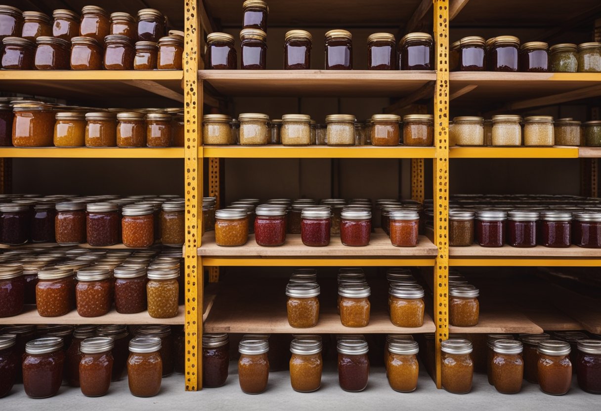 A warehouse filled with shelves of jam jars in bulk, stacked neatly and labeled with various flavors and sizes
