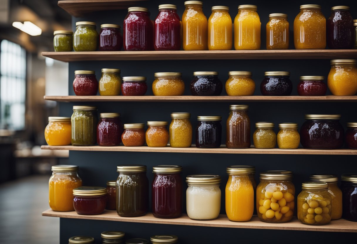 Various jam jars in different sizes and shapes neatly arranged on shelves for wholesale