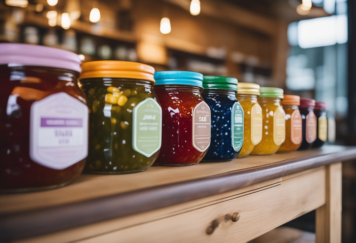 Several jam jars with colorful lids arranged on a wooden shelf