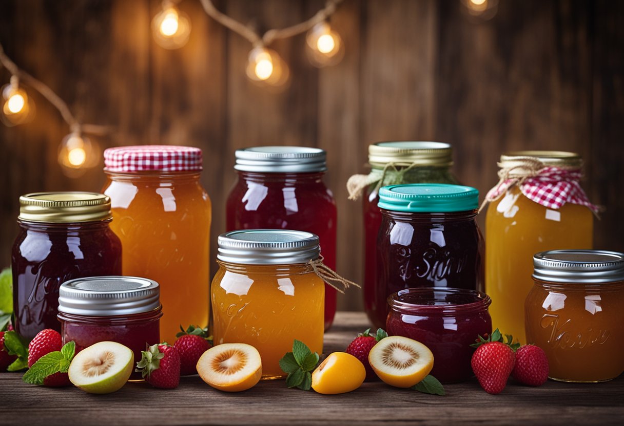 Various jam jars with colorful lids arranged on a rustic wooden table. Labels indicate different flavors like strawberry, raspberry, and apricot