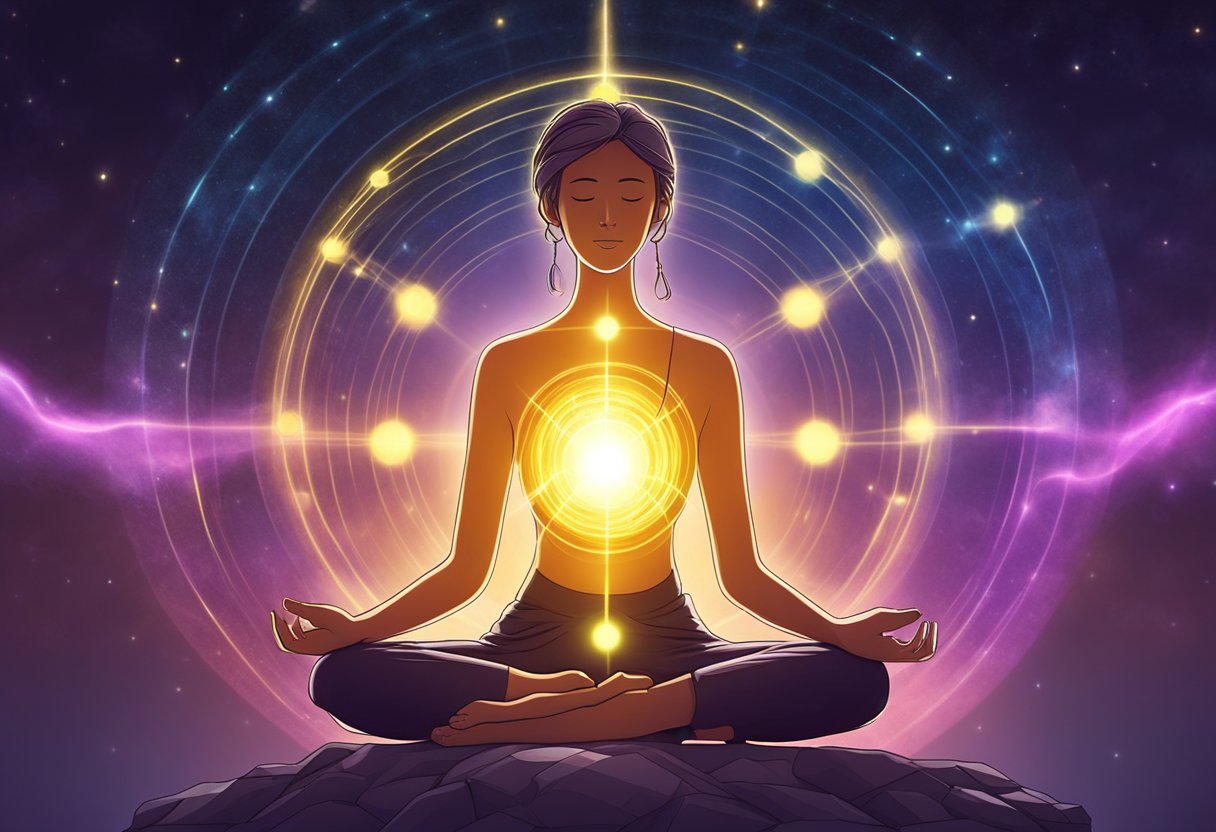 A person meditating, surrounded by glowing energy, with a focus on the area around the solar plexus