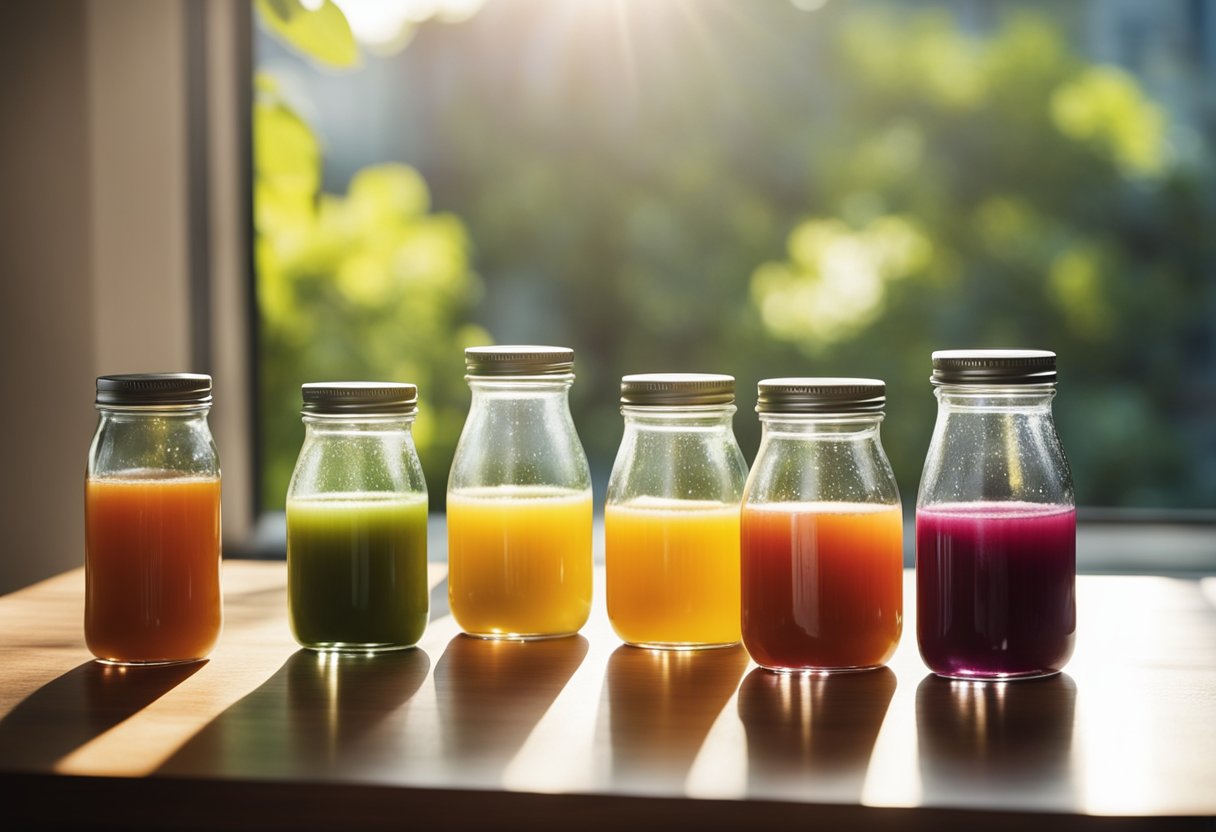 Several colorful juice bottles arranged on a wooden table. Labels display various fruits. Sunlight streams through a nearby window, casting soft shadows