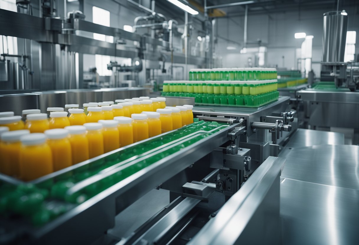 Machinery molds plastic into juice bottles on a production line. Raw materials and conveyor belts are visible in the factory setting