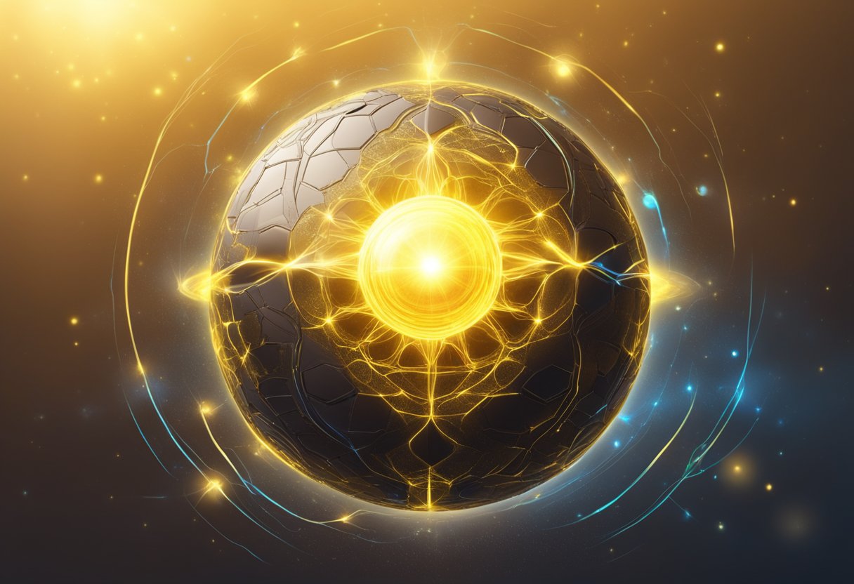 A glowing energy ball hovers over the solar plexus, releasing blockages and restoring balance