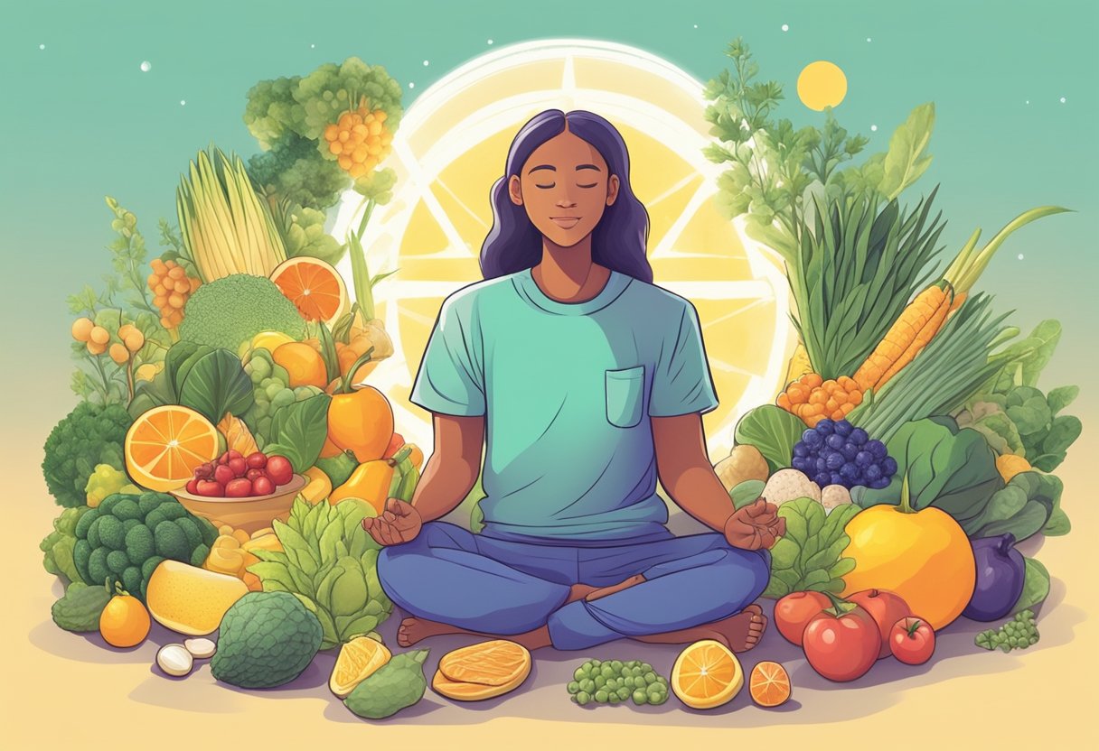 A person sitting cross-legged, surrounded by various healthy foods, with a glowing light radiating from their solar plexus area