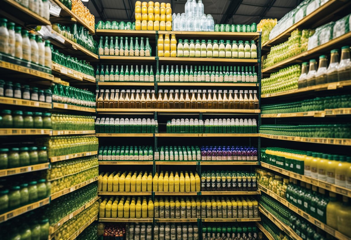 A warehouse shelves stacked with various juice bottles wholesale