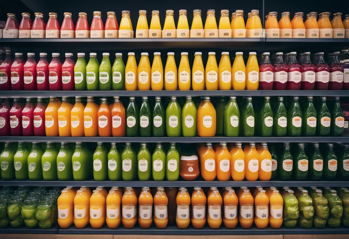 Various juice bottles in different shapes and sizes arranged on a wholesale display shelf