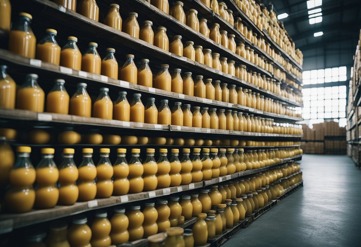 A warehouse filled with stacked juice bottles, ready for wholesale purchase