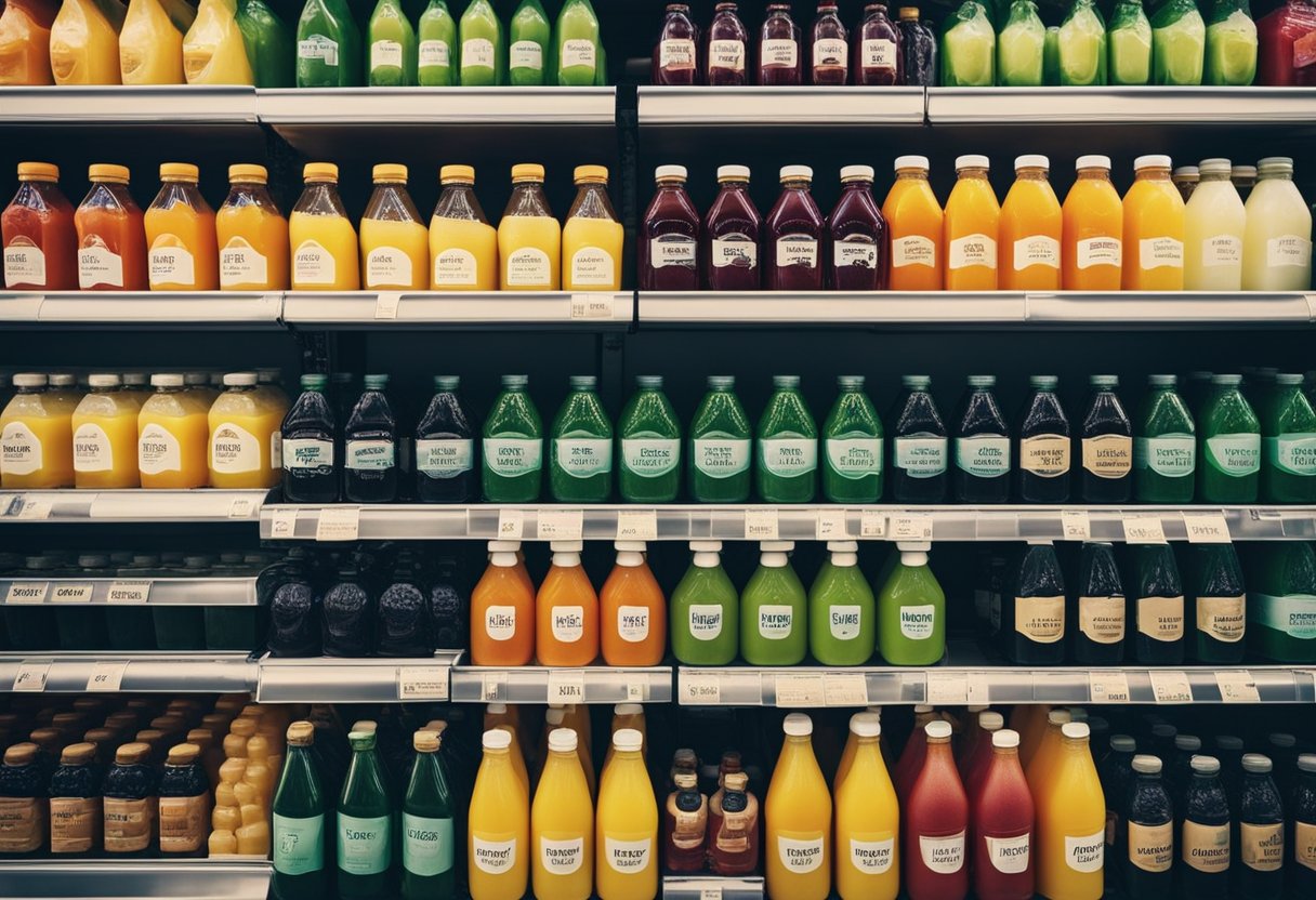 Various juice bottles in rows, each with different labels and caps, displayed on shelves in a wholesale store