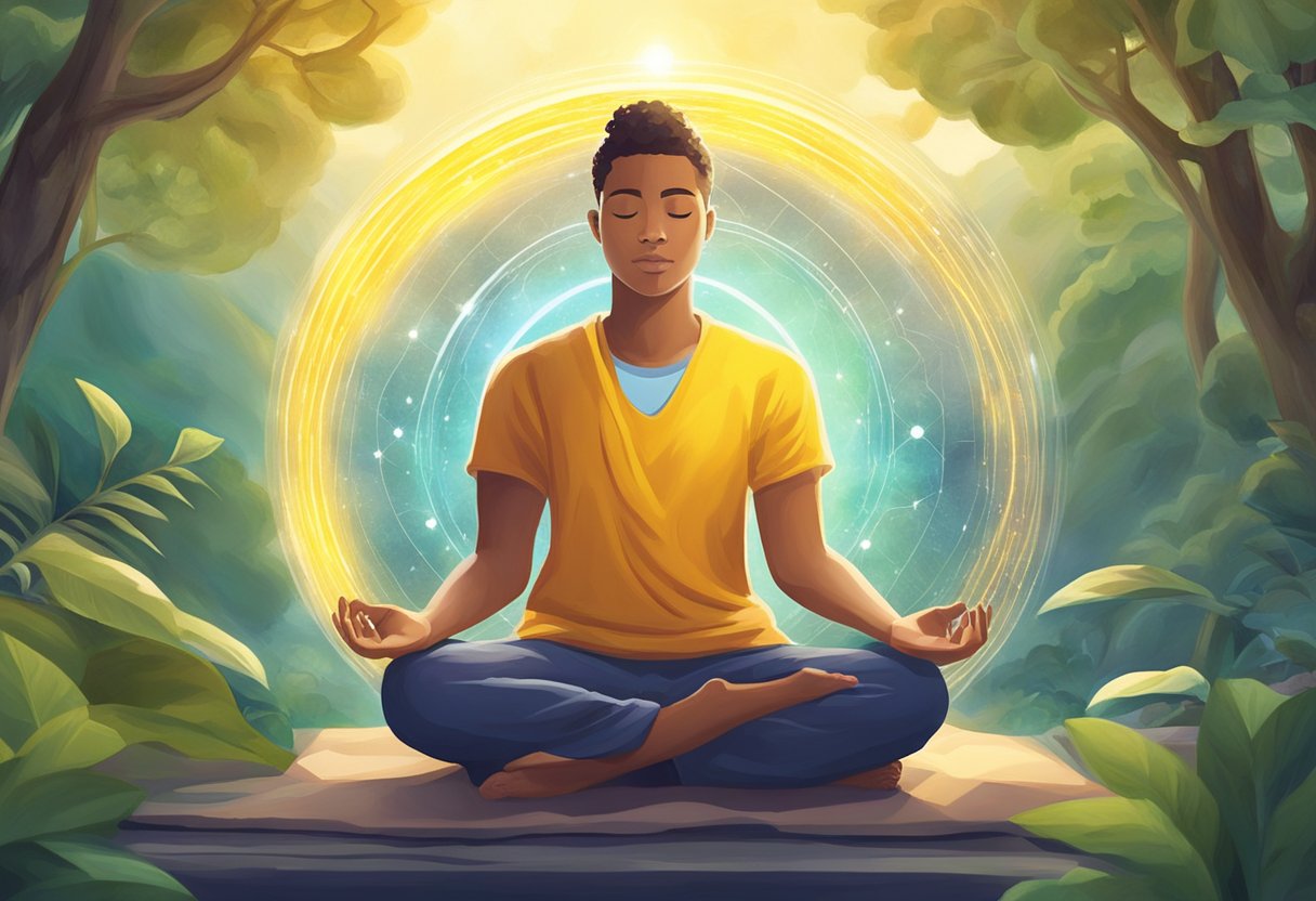 A person meditating with a glowing solar plexus, surrounded by calming elements like nature, light, and energy