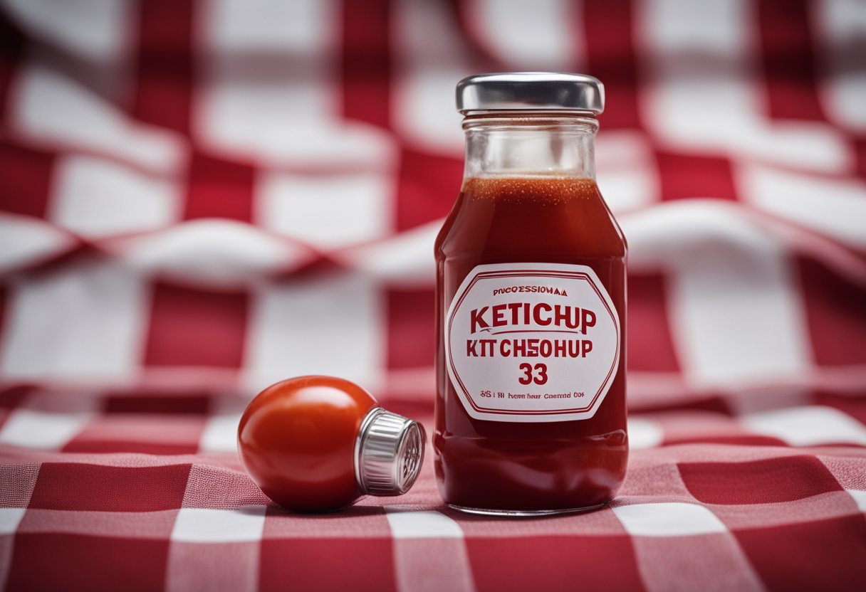 A ketchup bottle stands on a checkered tablecloth, with a red and white label and a silver cap