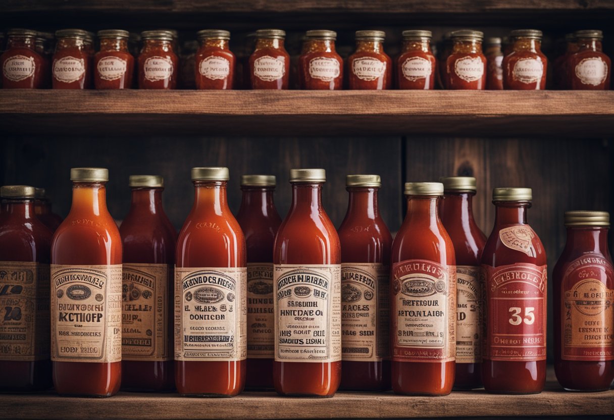 A row of vintage ketchup bottles, varying in size and shape, lined up on a wooden shelf with old-fashioned labels and caps