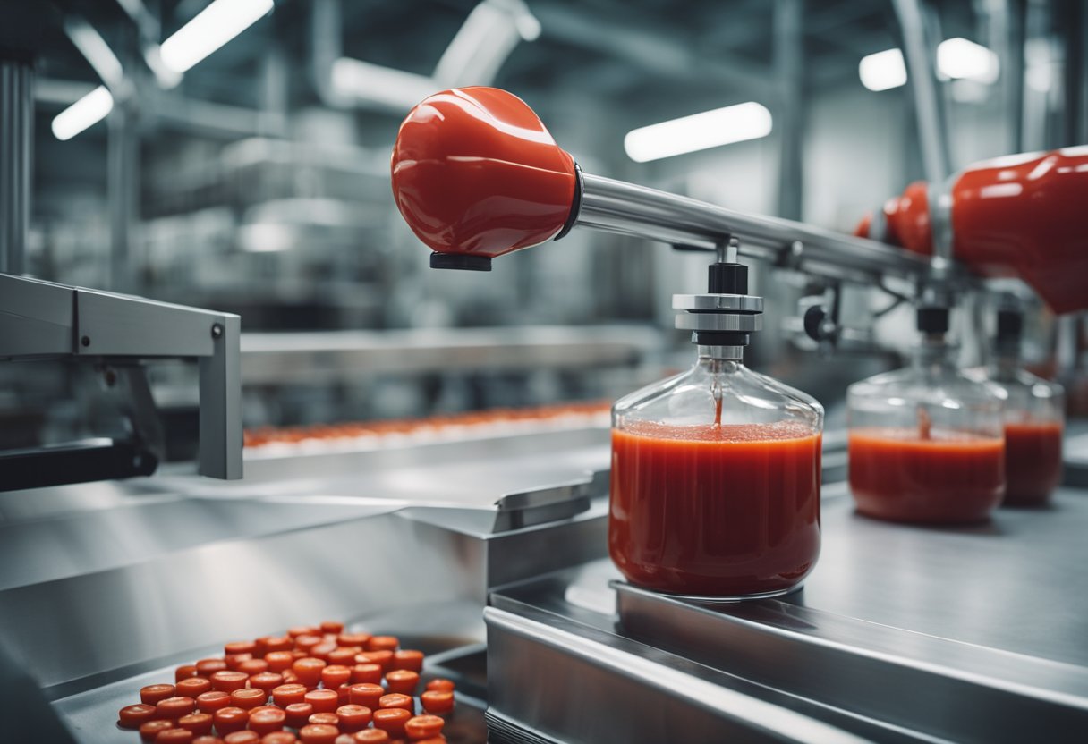 A ketchup bottle being filled with red liquid by a machine on a conveyor belt in a manufacturing facility