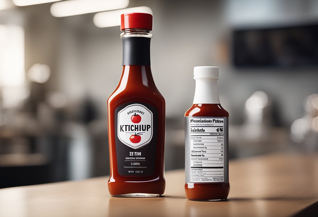 A sleek ketchup bottle sits on a modern, ergonomic table, with a label showcasing the product's design and functionality