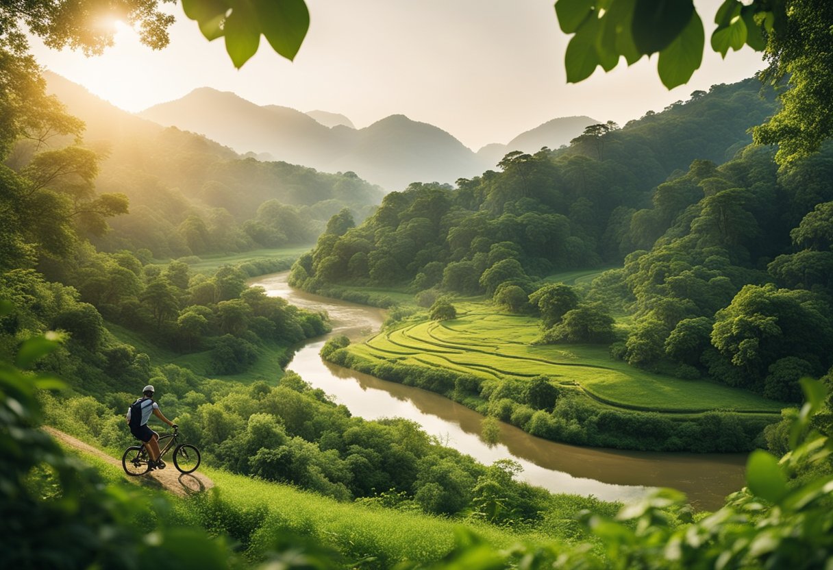 A serene landscape with a winding river, lush greenery, and wildlife. A traveler uses a sustainable mode of transportation, like a bicycle or electric car, to explore the area